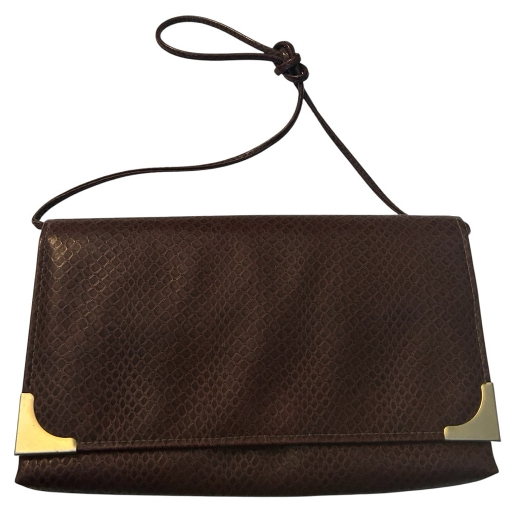 Vintage brown faux snake print rectangle shoulder bag gold hardware trim